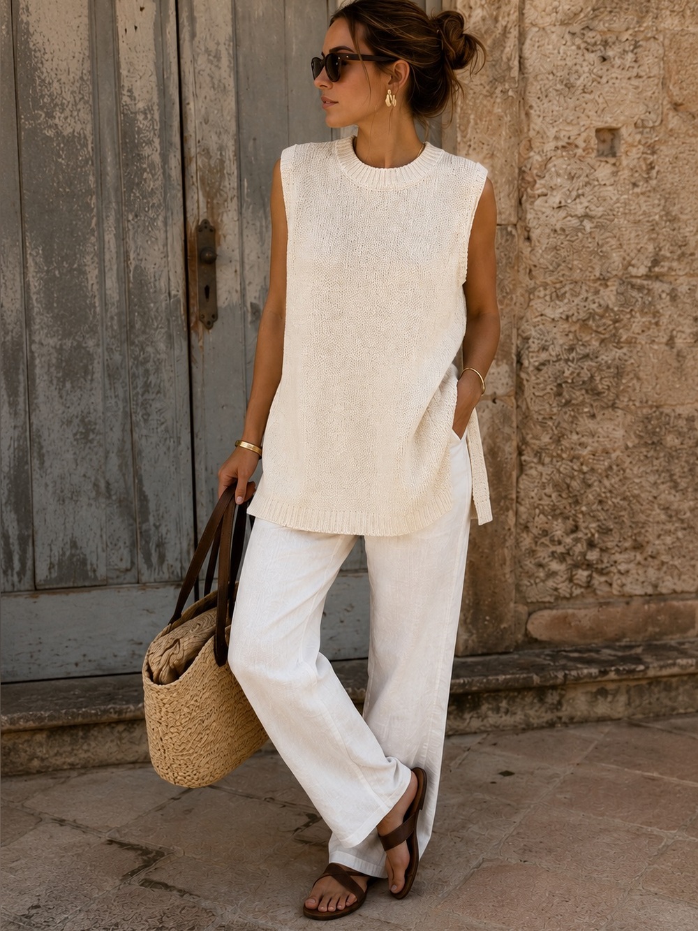 Cream Sleeveless Open Knit Tunic Sweater